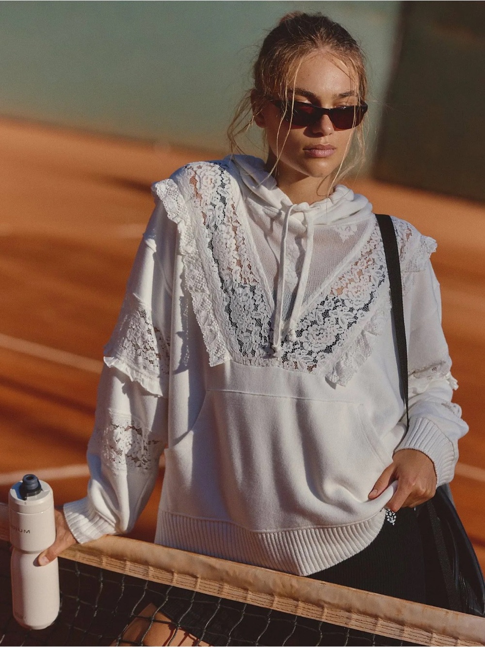 FREE PEOPLE FP Movement Studio Tunic Hooded Lace Trim Sweatshirt Size XS Ivory